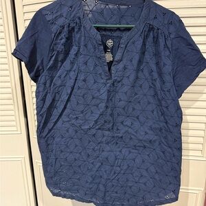 St. John's Bay Blue Mandarin Collar Short Sleeve Blouse
